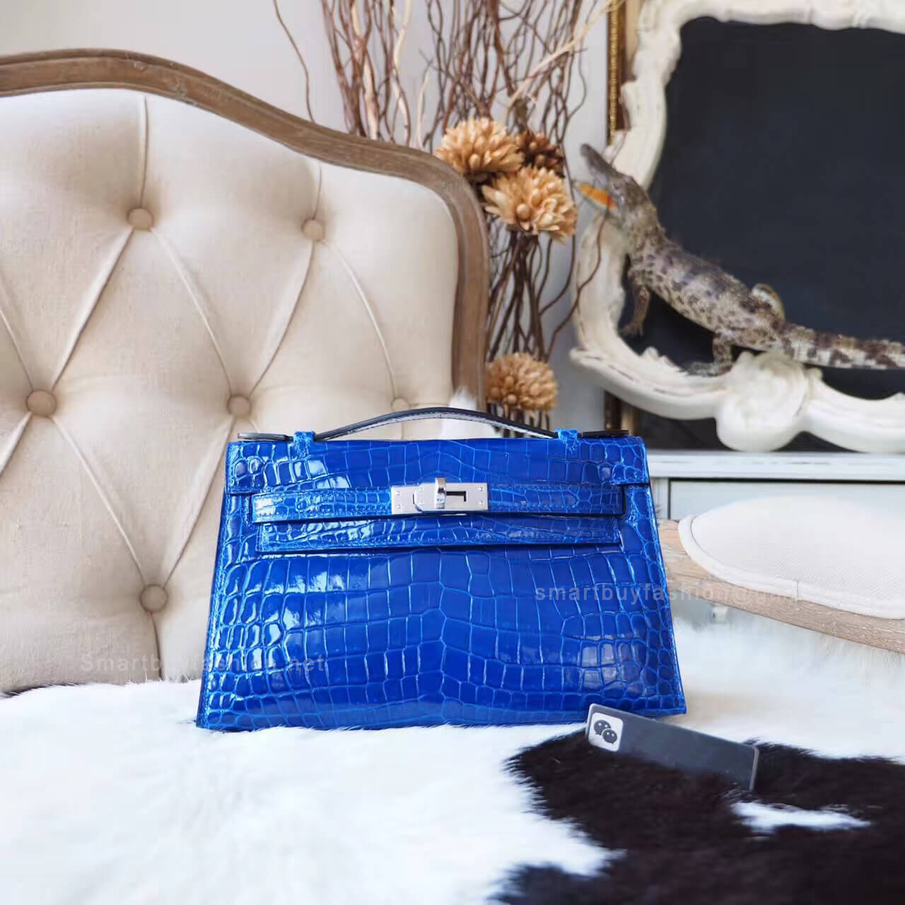 Hermes Mini Kelly 22 Pochette Bag in Blue Electric Shiny Nile Croc PHW